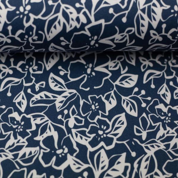 Stretch-Satin Martha, naturweiße Blumen auf petrol